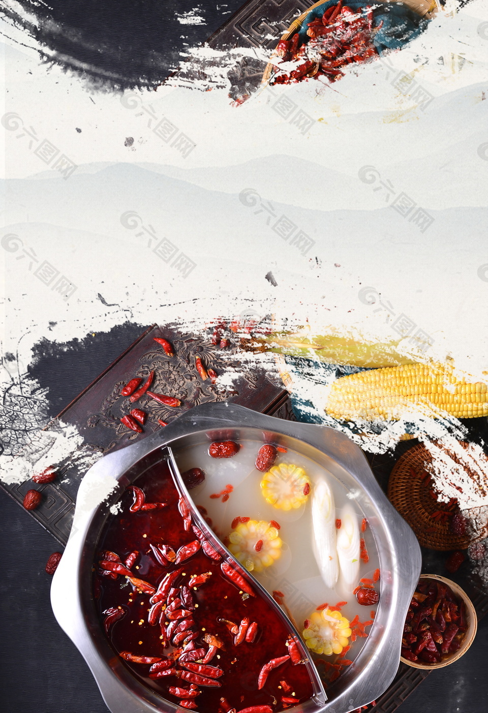 玉米煮湯麻辣鴛鴦火鍋背景素材