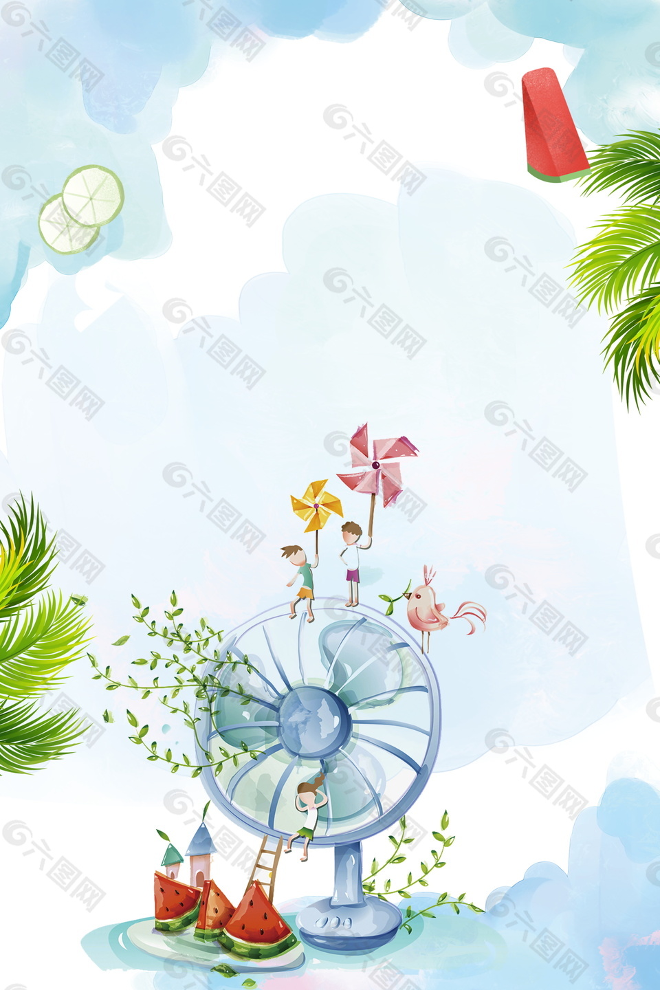 彩繪夏季小暑節氣風扇同風車樹葉西瓜背景