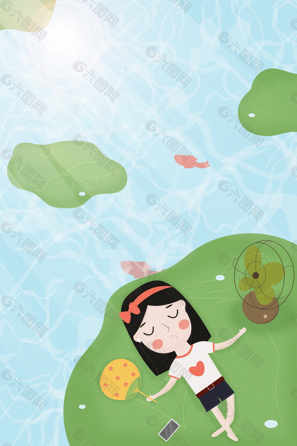 扁平化小清新小暑吹風扇的女孩海報背景設計