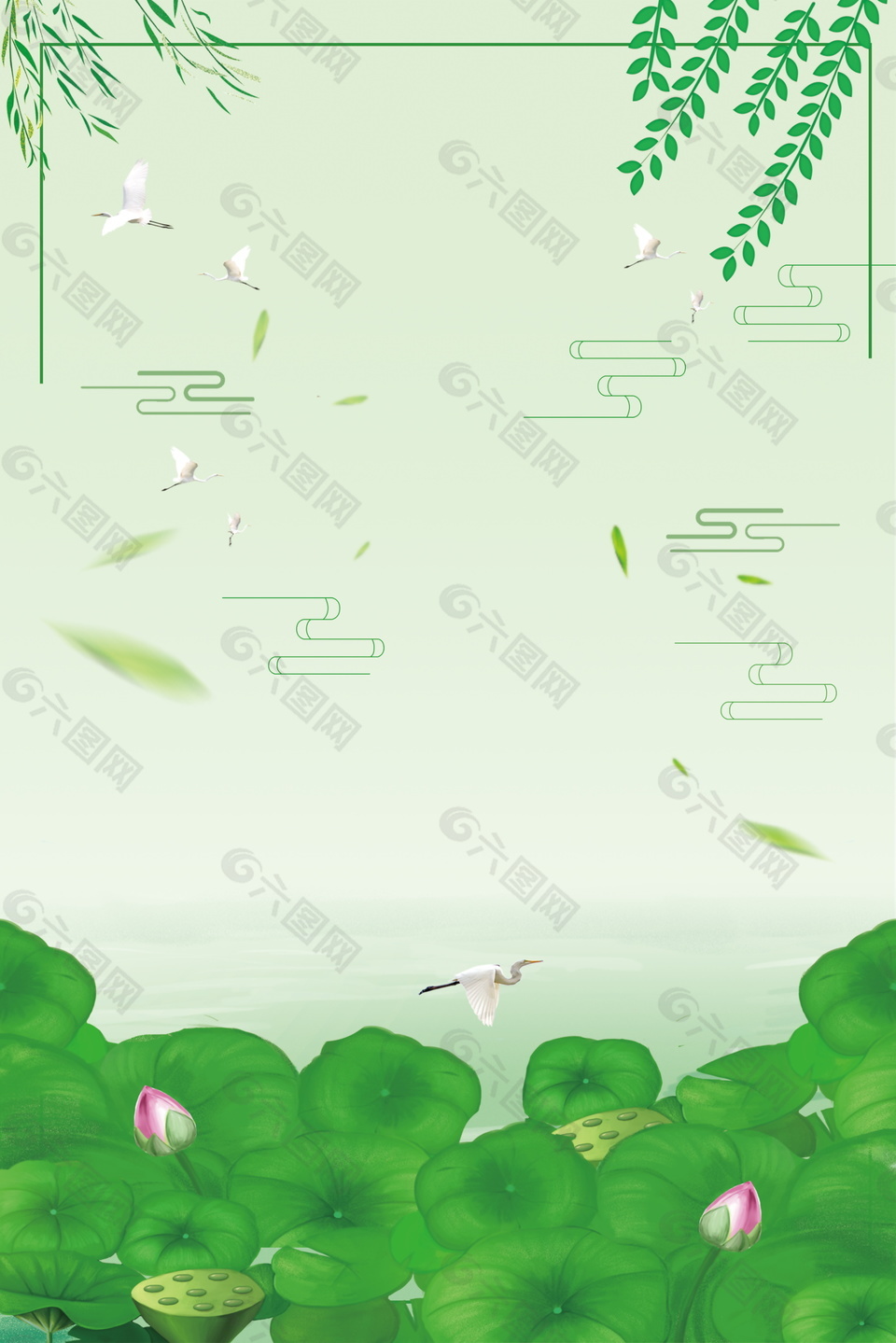 線條荷葉飛鶴邊框小暑節(jié)氣背景素材