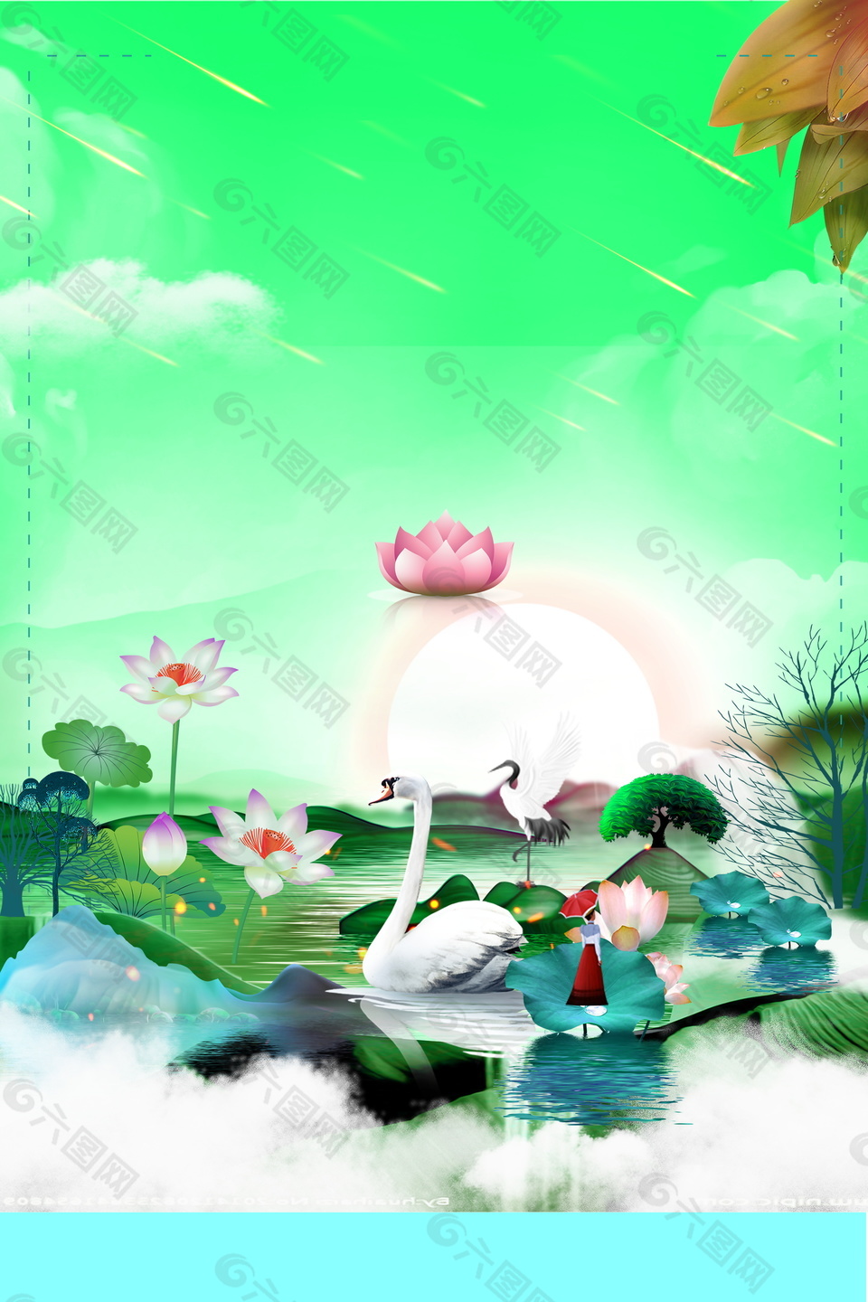 鶴立荷塘小暑節(jié)氣背景素材