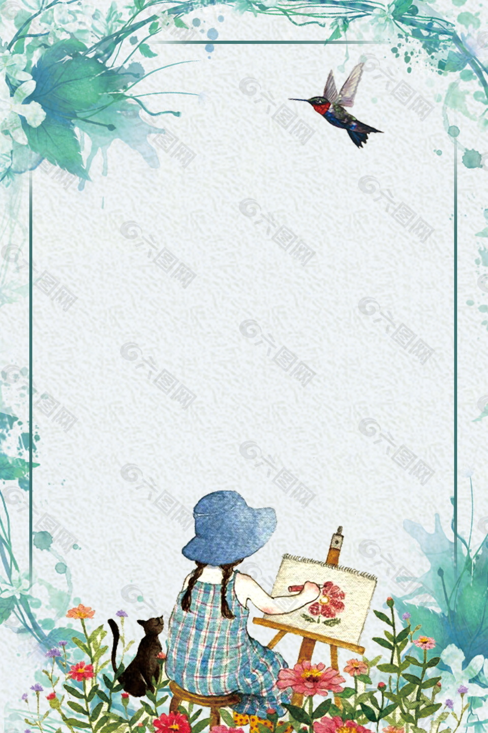 文艺女孩画画背影绿叶边框背景素材