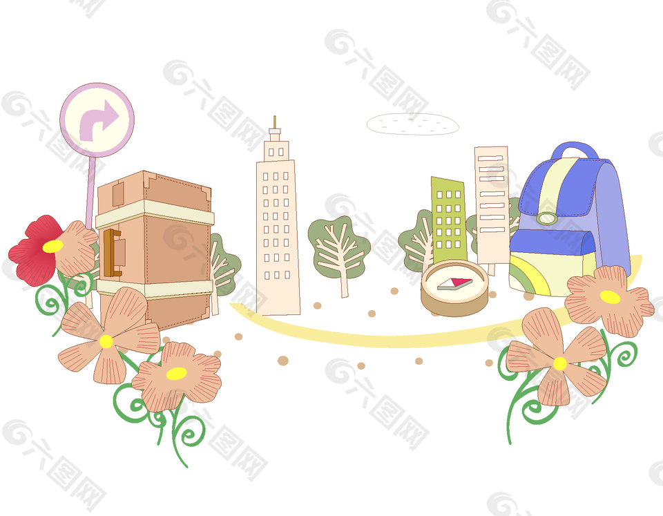 矢量手繪上學學校路線元素