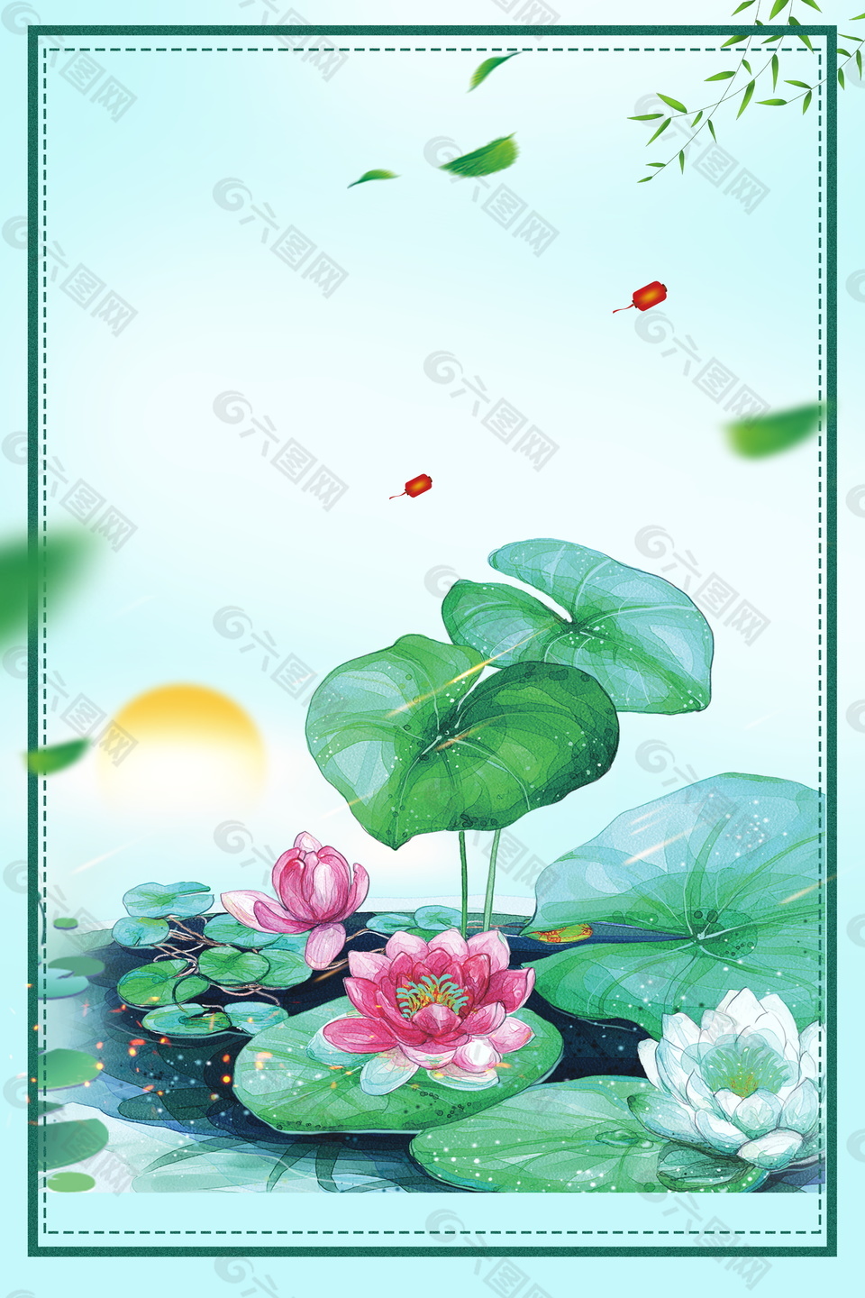 彩繪夏日小暑荷塘邊框背景設(shè)計(jì)