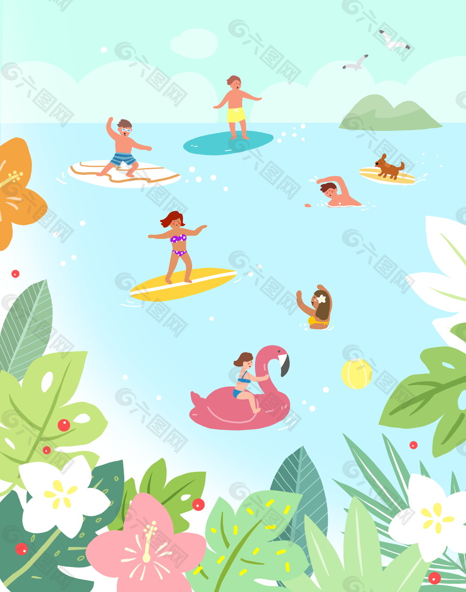 夏日暑假海灘旅游扁平化背景設(shè)計(jì)