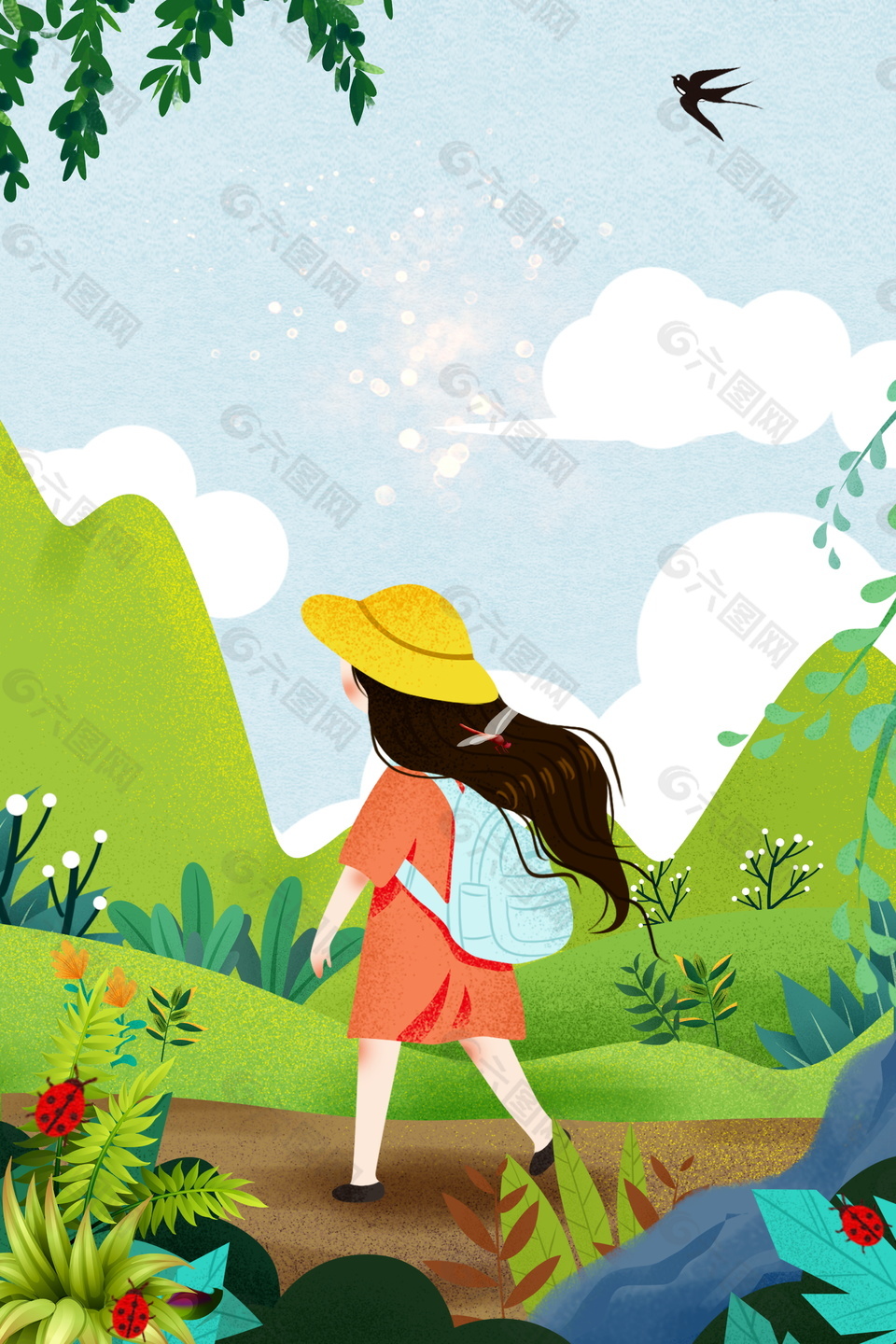 彩繪長發(fā)女孩背影夏季小暑背景素材