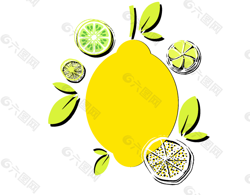 簡約綠葉檸檬切片元素