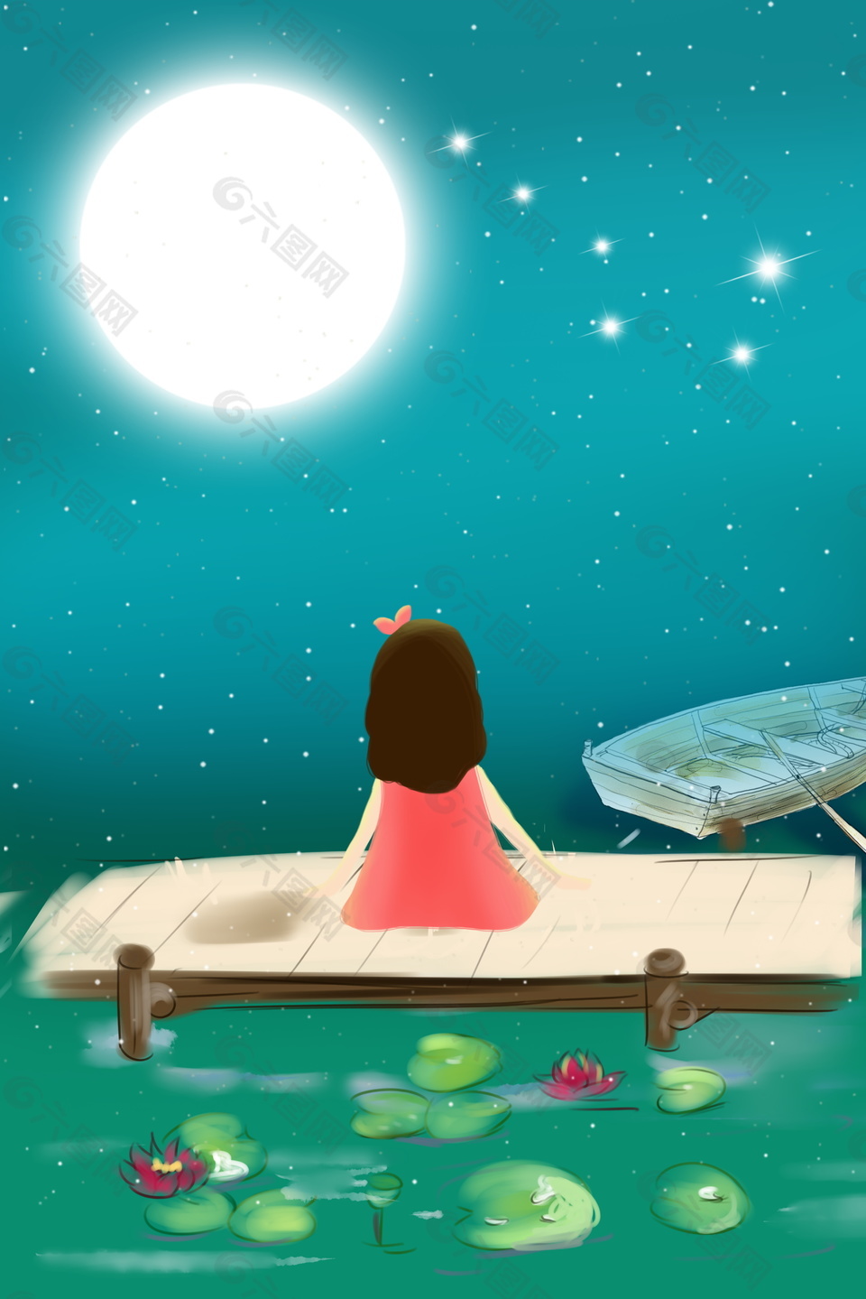 亮闪白光河边女孩仲夏之夜背景素材