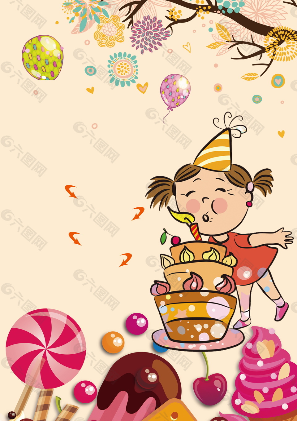 可愛手繪小姑娘慶祝生日廣告背景