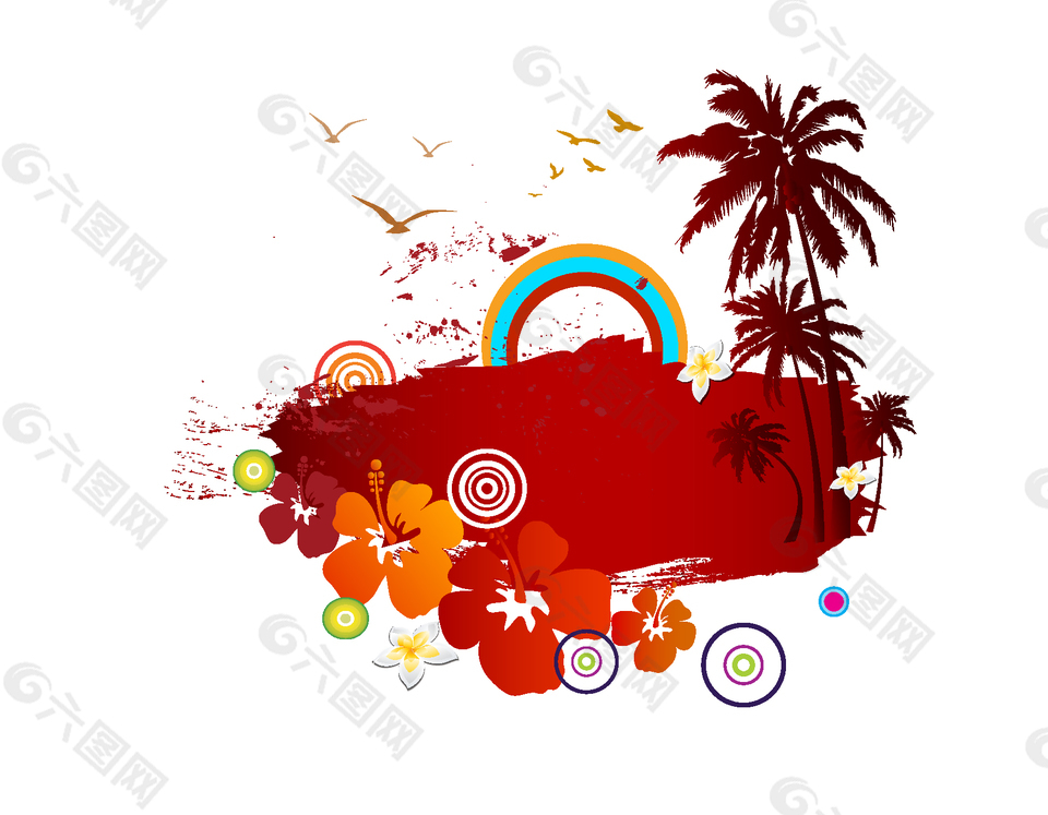 手繪紅色花朵椰樹元素