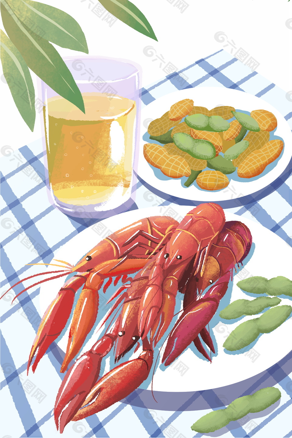 手绘宵夜小龙虾装饰元素