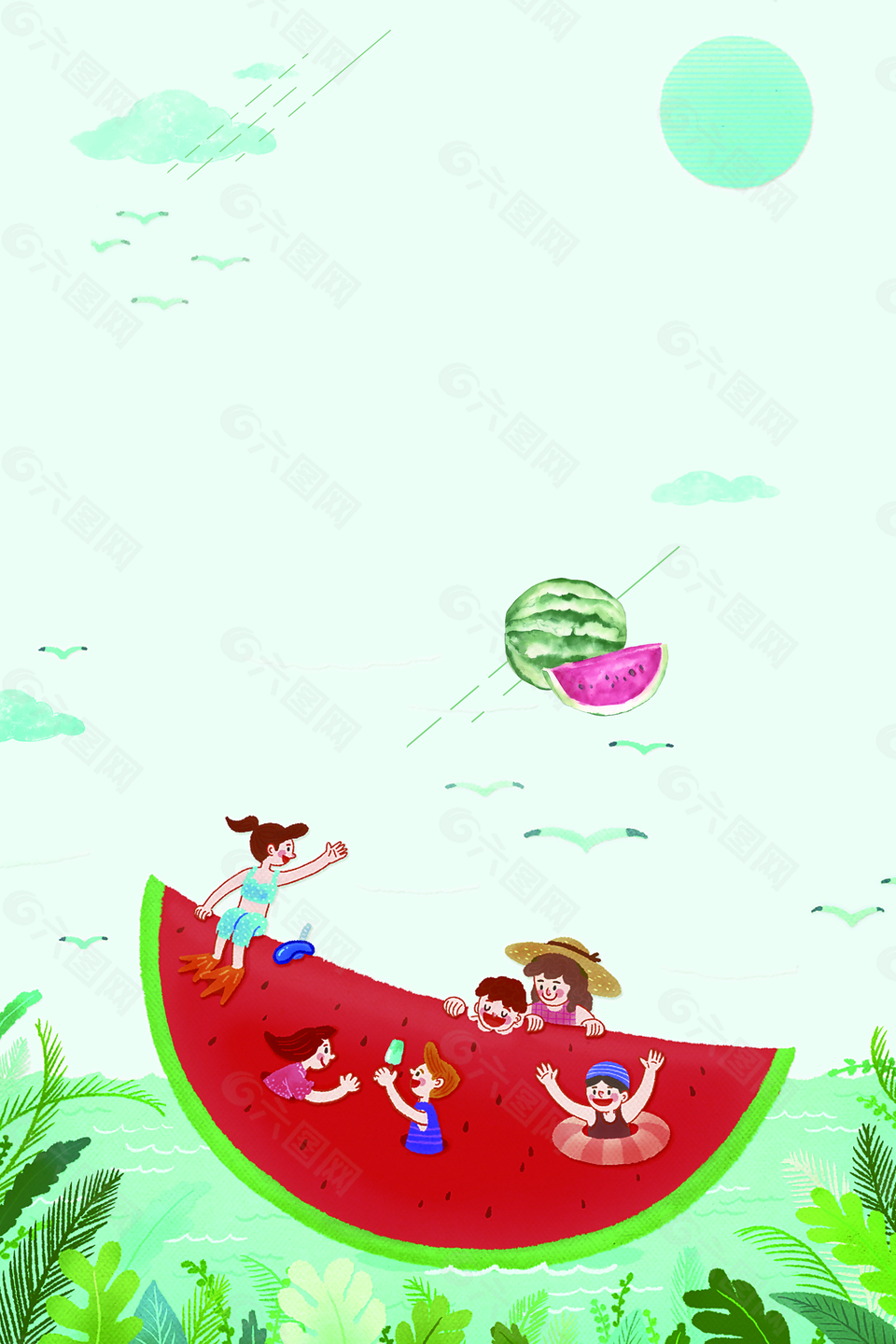 綠色簡(jiǎn)約西瓜童趣海報(bào)背景素材