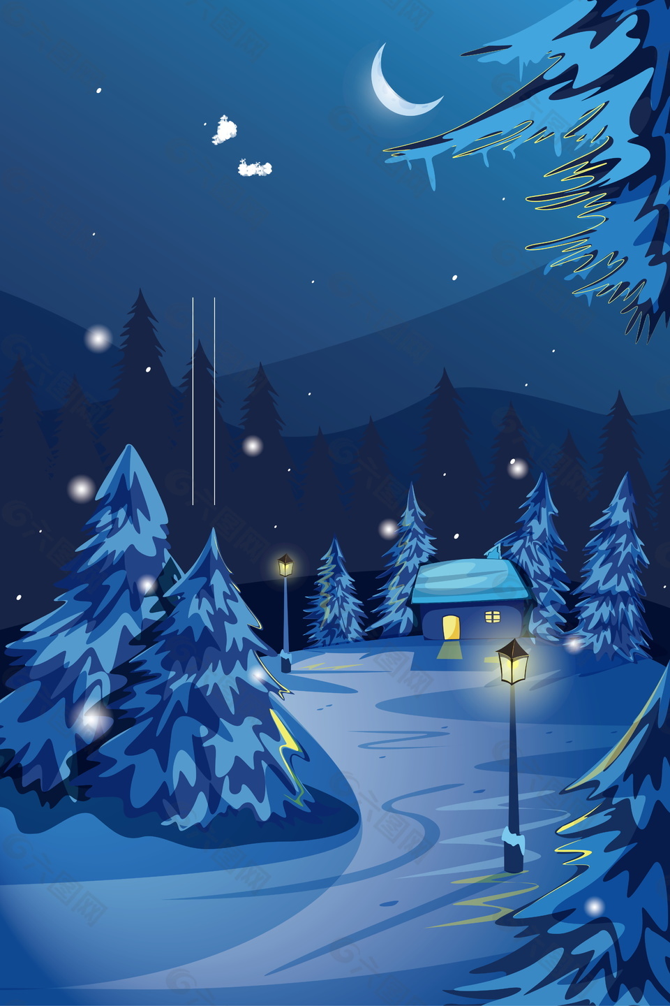 夢(mèng)幻雪景小木屋廣告背景