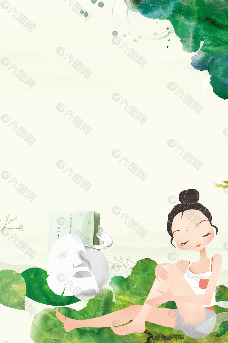 彩繪綠色女人護(hù)膚化妝品背景素材