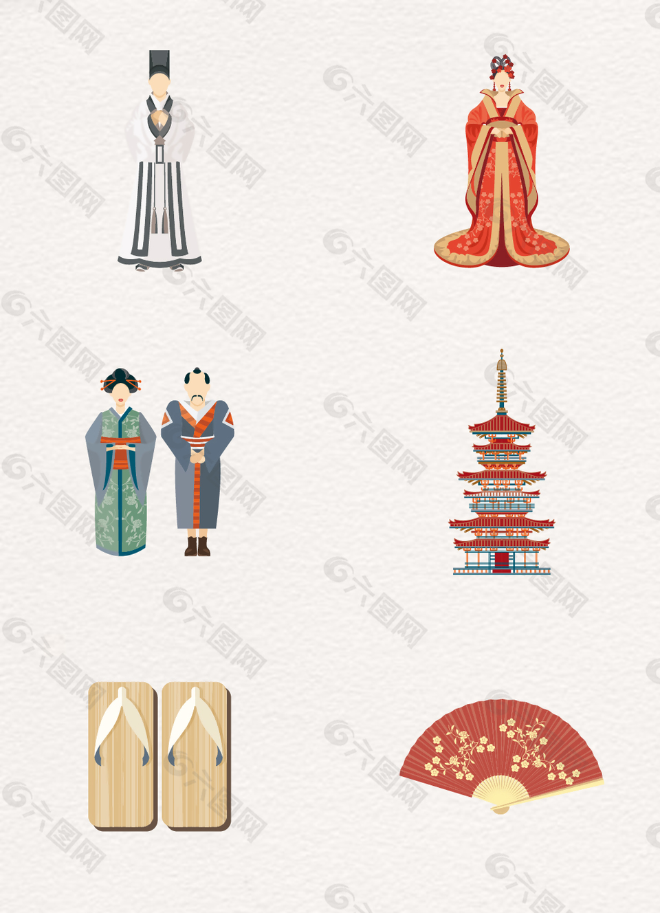 扁平彩色6款日本元素