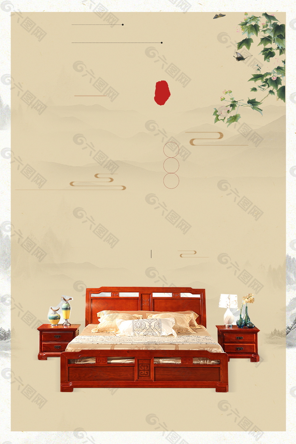 中國風清新淡雅木制床鋪廣告背景