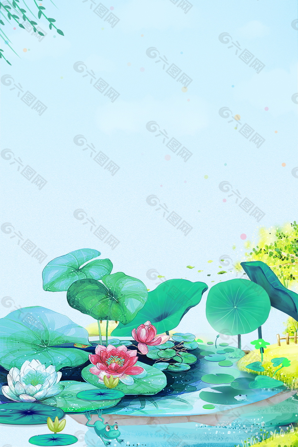 彩繪荷花綠葉大暑節(jié)氣廣告背景素材