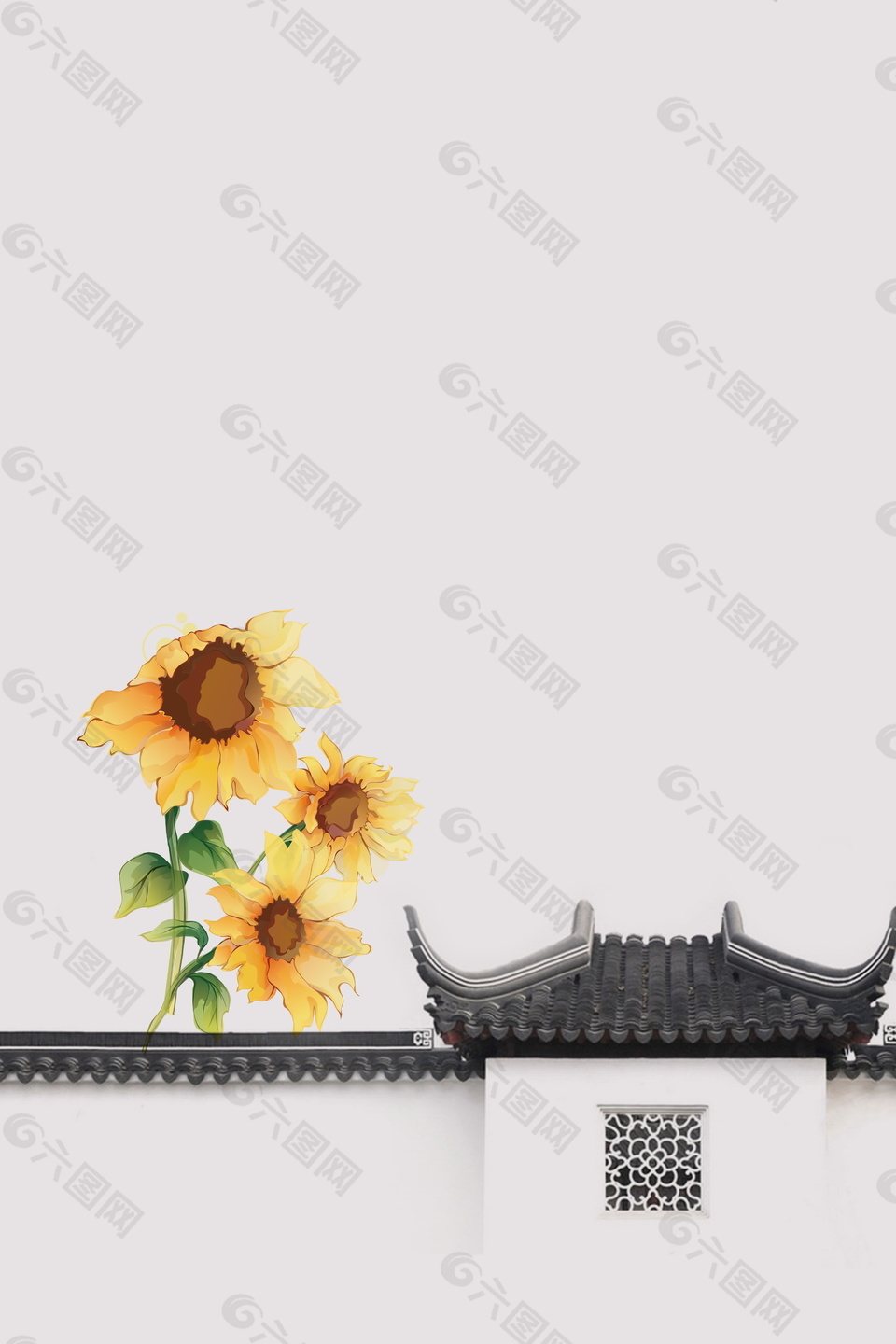 古典屋檐上的向日葵大暑節(jié)氣廣告背景素材