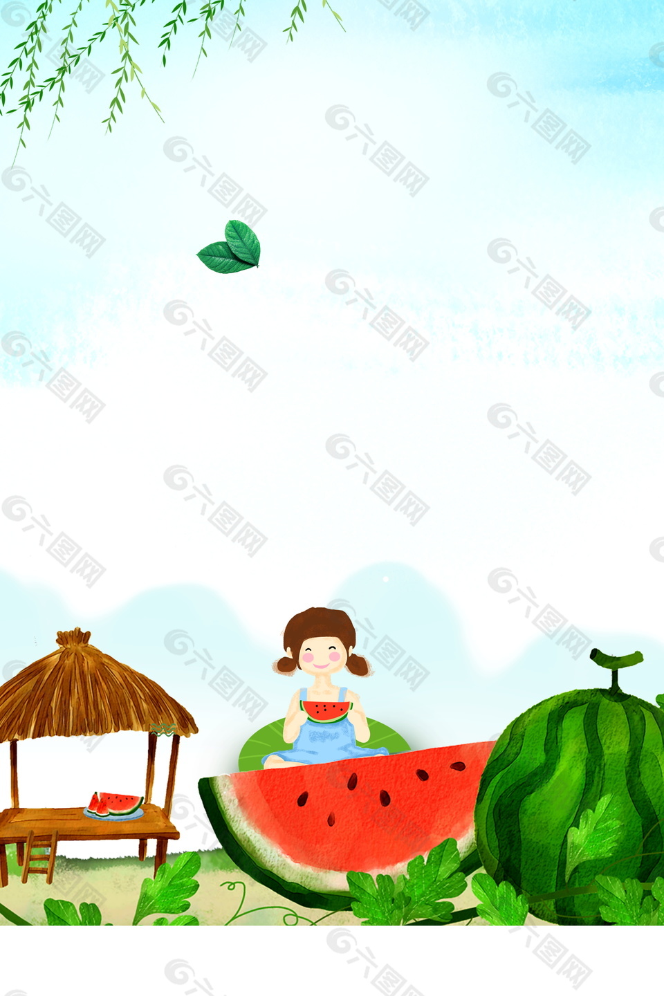 茅屋前吃西瓜的女孩大暑節氣廣告白色夾層