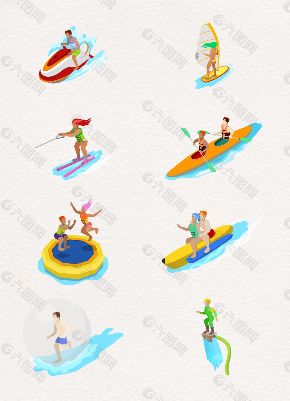 8款彩繪夏日卡通海邊人物場景設計元素