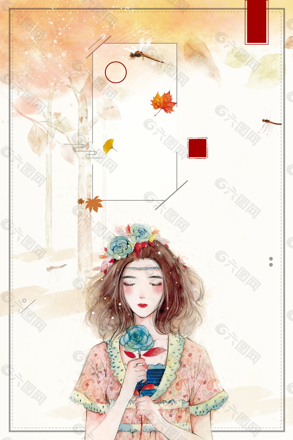 彩繪立秋落葉女孩邊框背景