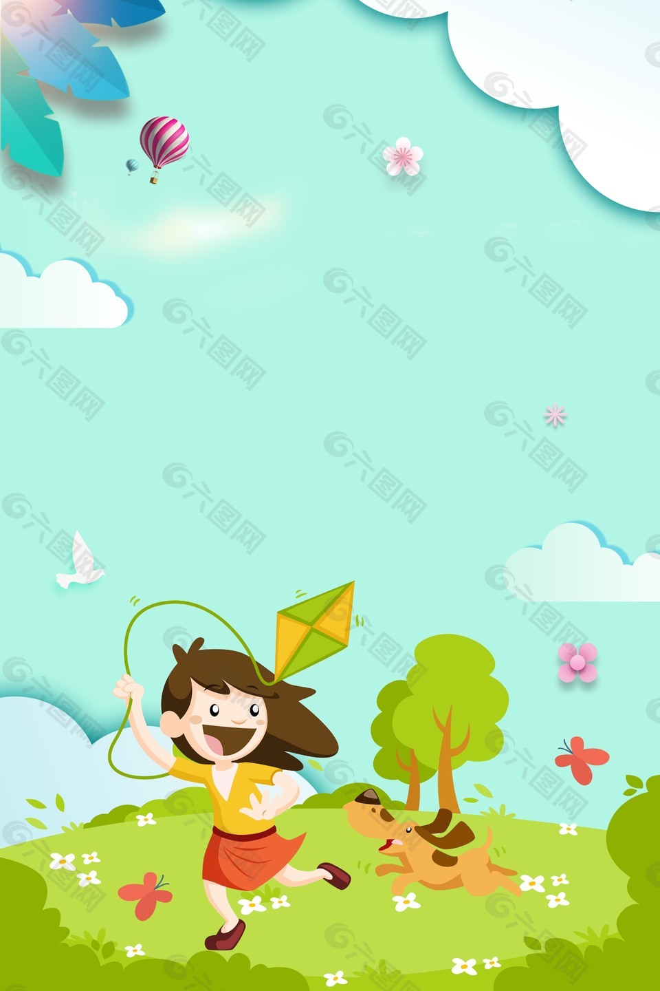卡通可愛孩子放風箏海報背景