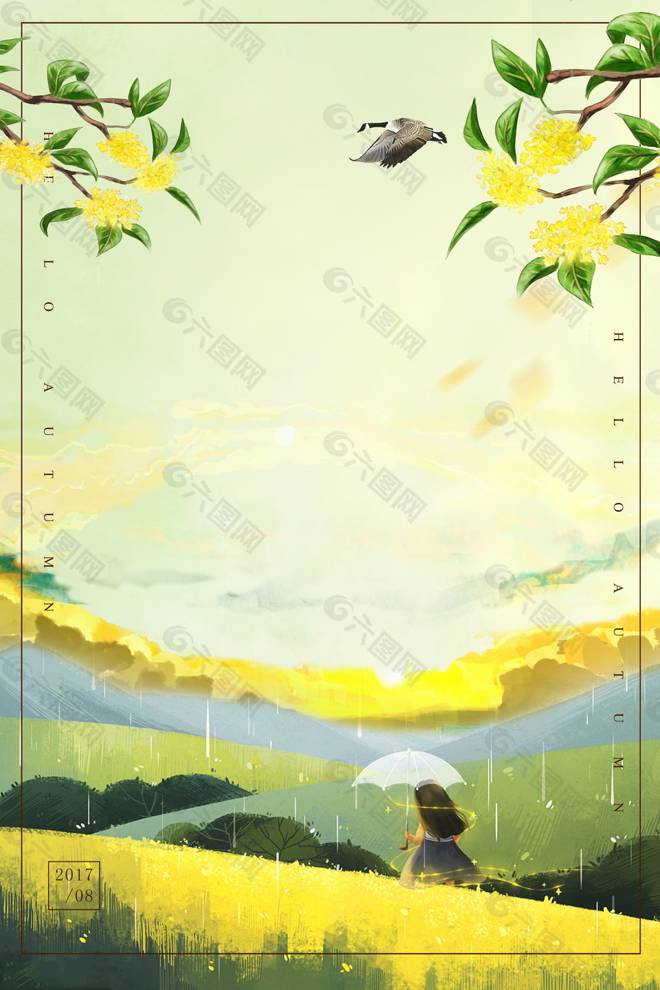 彩繪立秋節(jié)氣下雨桂花海報(bào)背景素材