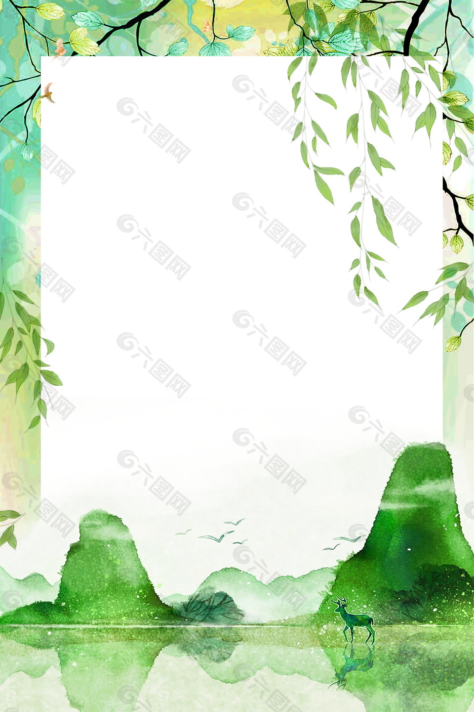 綠色山巒樹(shù)葉和大雁廣告背景素材