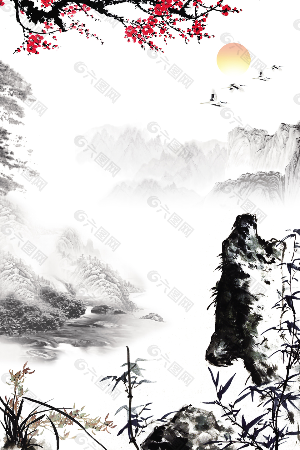 中國風水墨山水裝飾畫背景