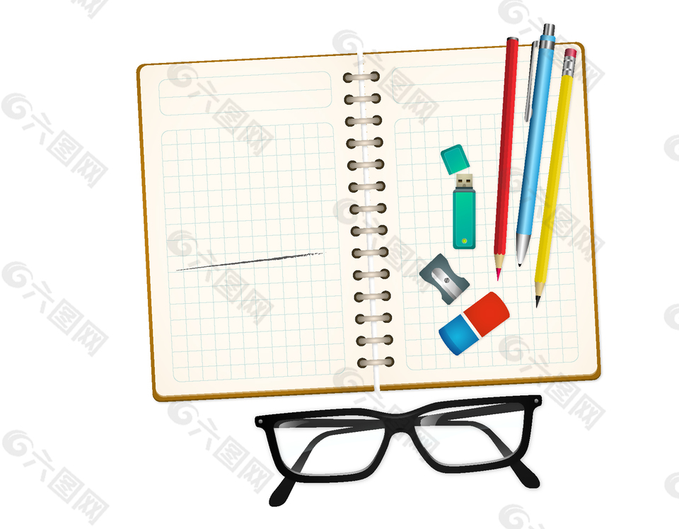 彩色鉛筆記事本與眼鏡矢量圖