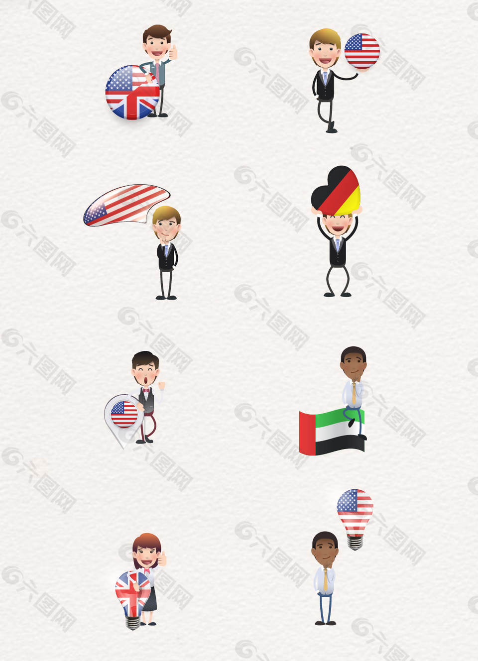 卡通手繪商務(wù)小人和國(guó)旗矢量圖