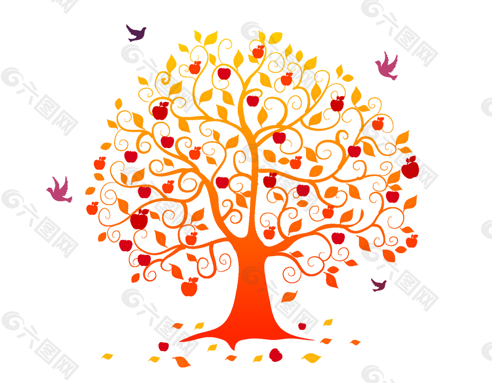 手繪紅蘋果樹與小鳥矢量圖