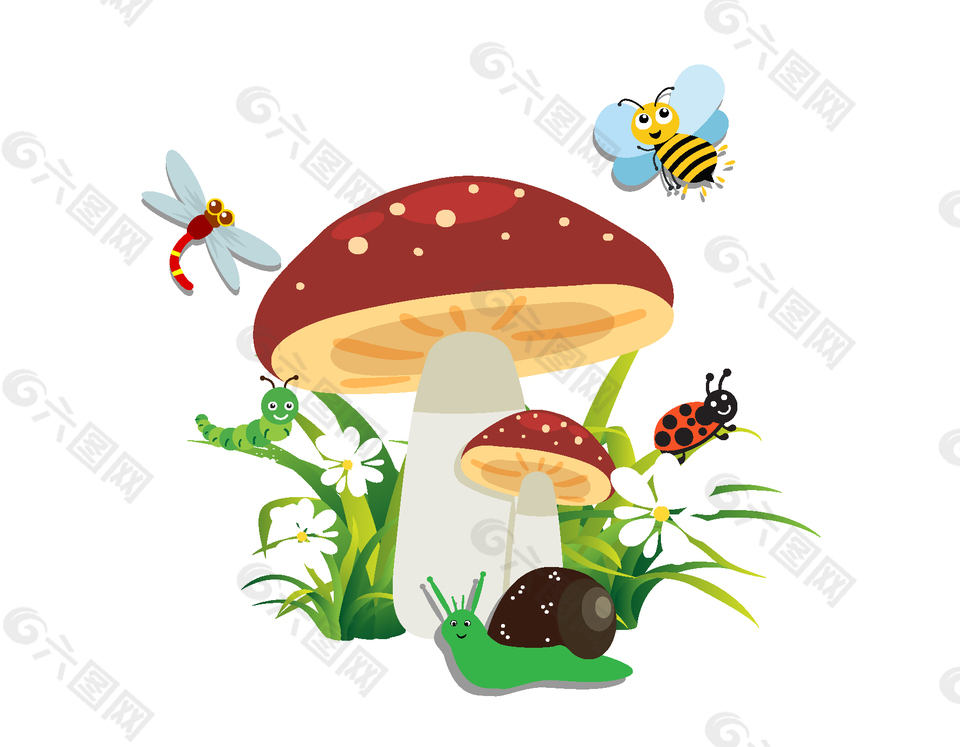 彩色蘑菇與小動物矢量圖
