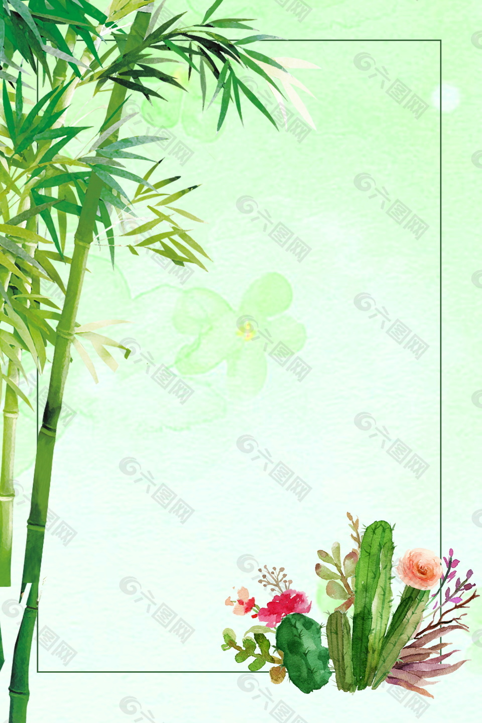 竹子邊框花朵綠色背景素材