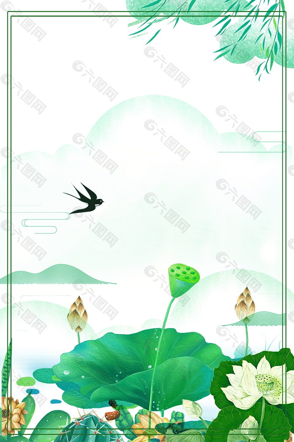 燕子柳叶荷花边框处暑广告背景素材