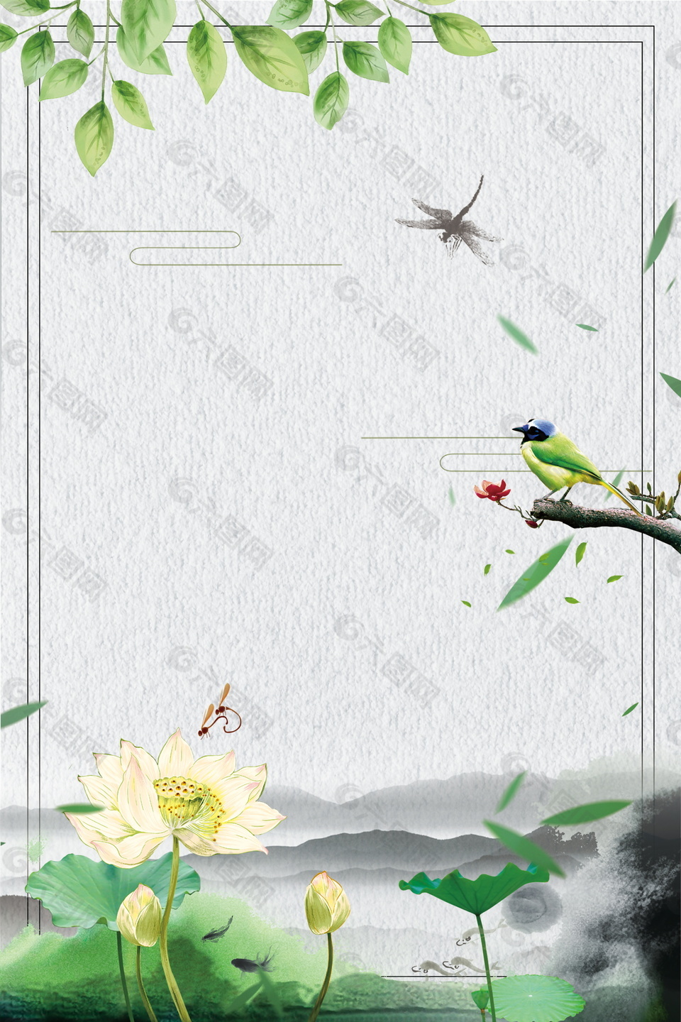 中國(guó)風(fēng)底紋彩鳥枝頭站處暑背景素材