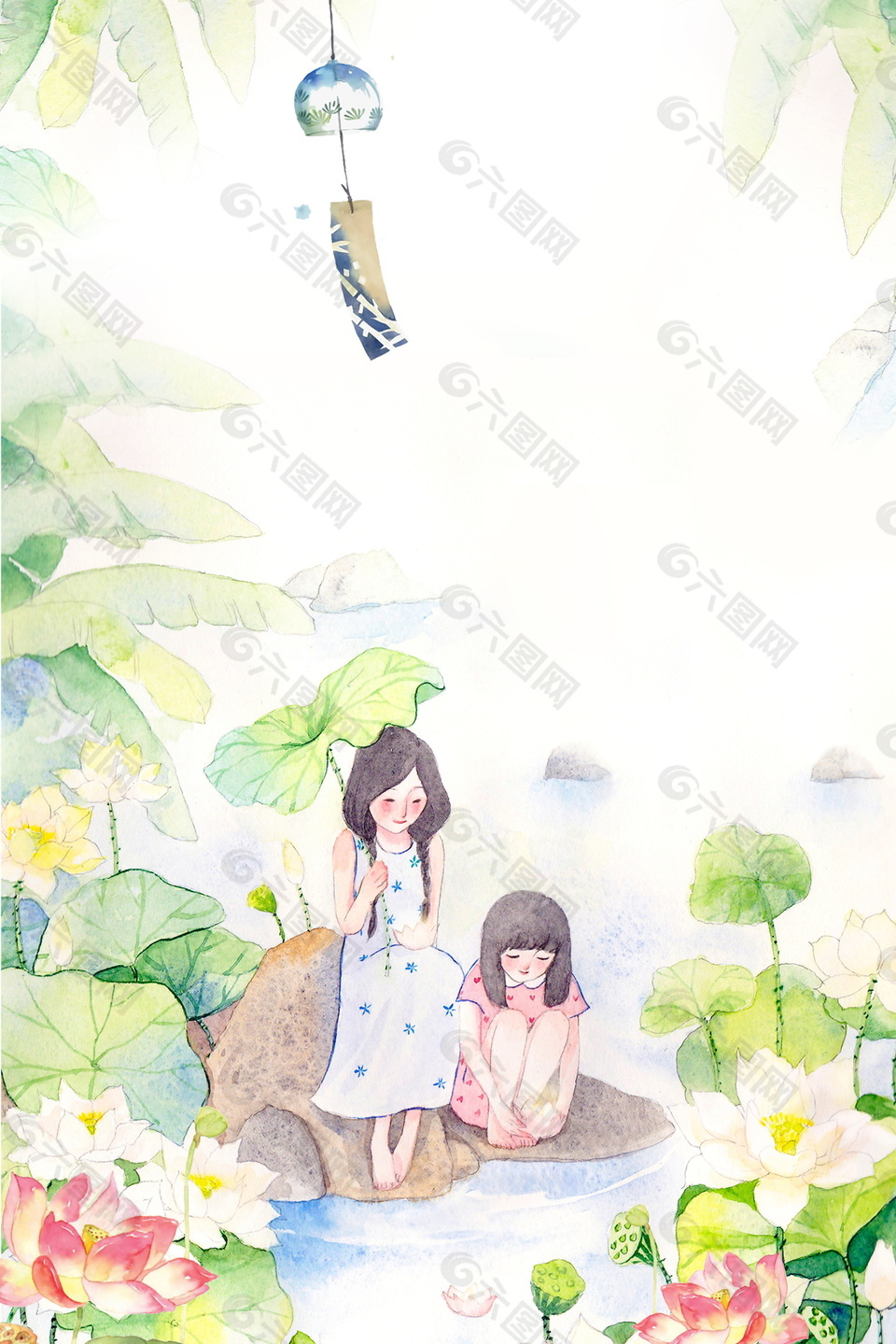 彩繪鈴鐺下的女孩處暑廣告背景素材
