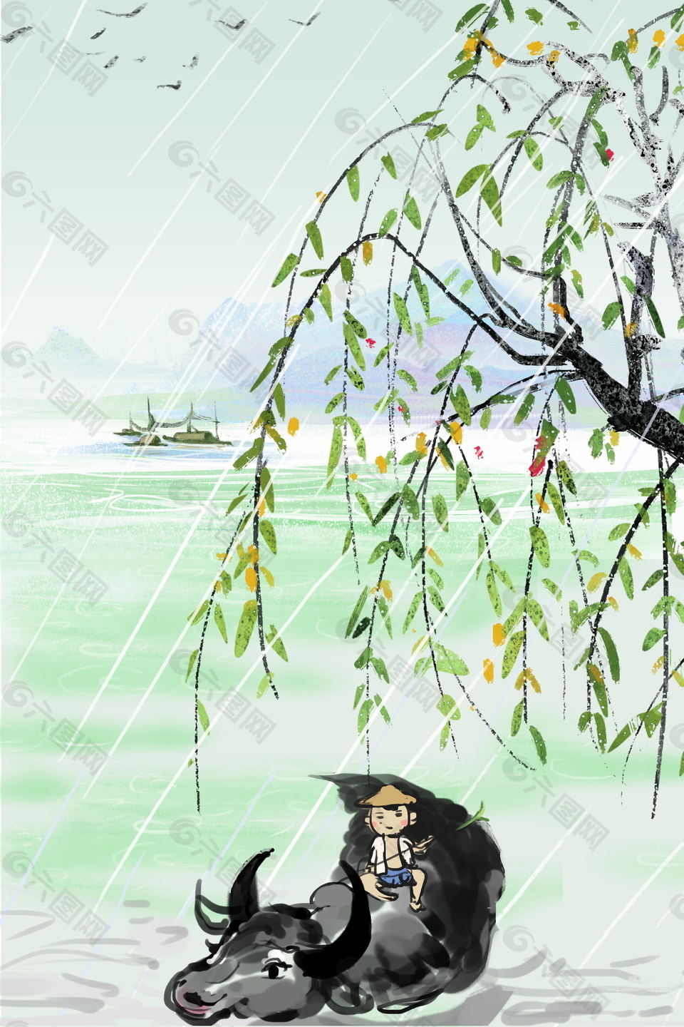 手繪中國(guó)風(fēng)柳樹(shù)廣告背景