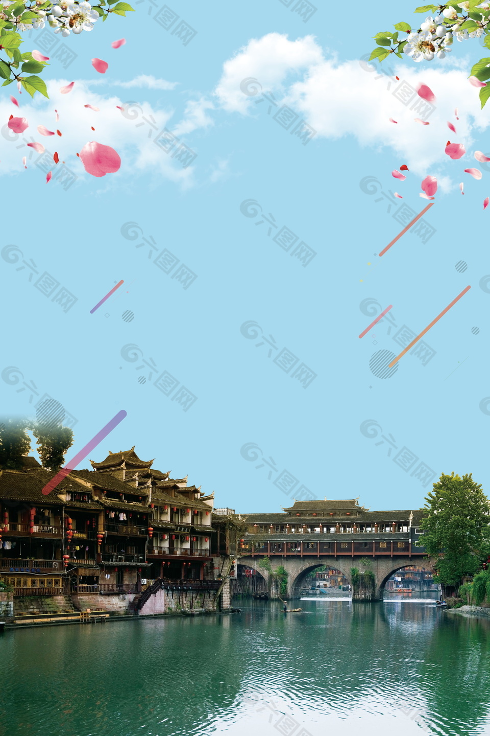 樹枝花瓣藍(lán)天白云鳳凰古城背景素材