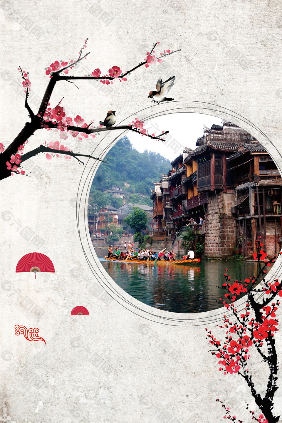 日系紅色花枝喜鵲鳳凰古城背景素材
