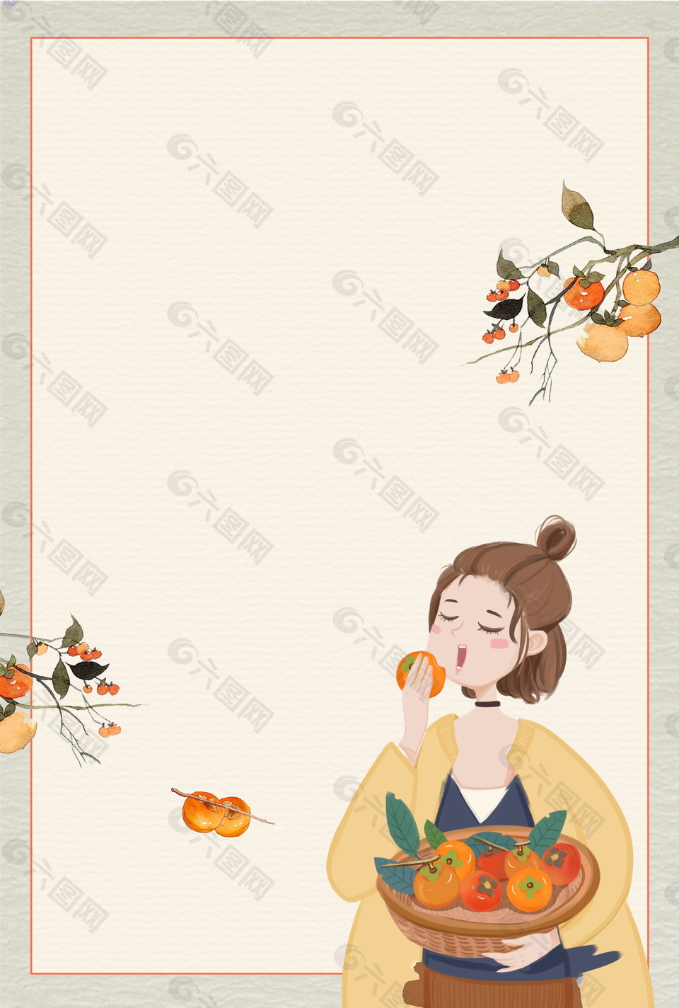 卡通吃柿子的女孩邊框背景素材