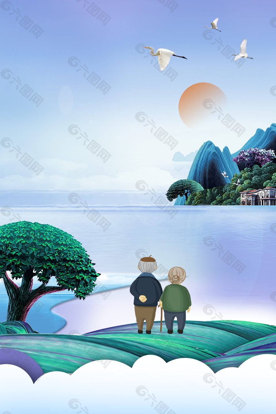 日出山頭大雁飛重陽節(jié)廣告背景素材