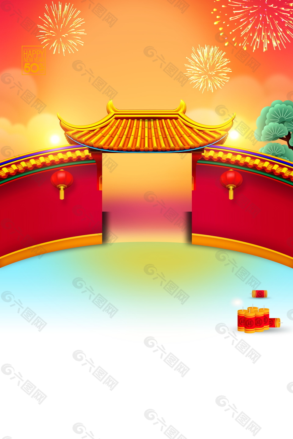 中國(guó)風(fēng)喜慶煙花門庭中秋海報(bào)背景素材