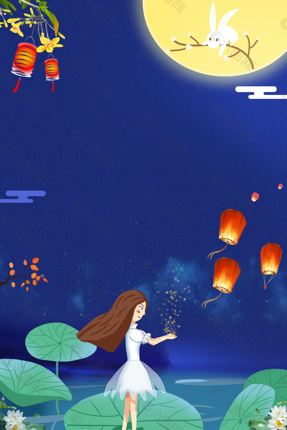 手繪女孩放孔明燈祈福中秋背景設(shè)計(jì)