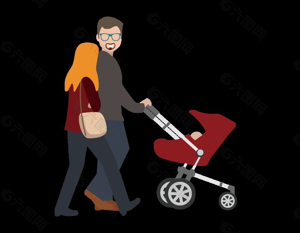 手繪溫馨一家三口散步元素