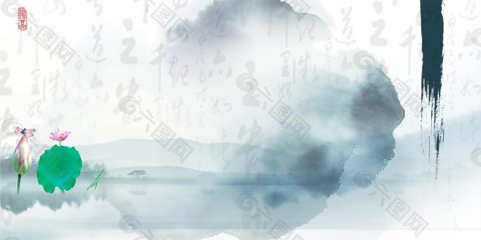 國畫復(fù)古朦朧水墨風(fēng)地產(chǎn)展板背景