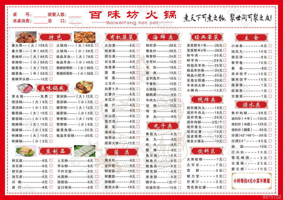 火鍋店菜單