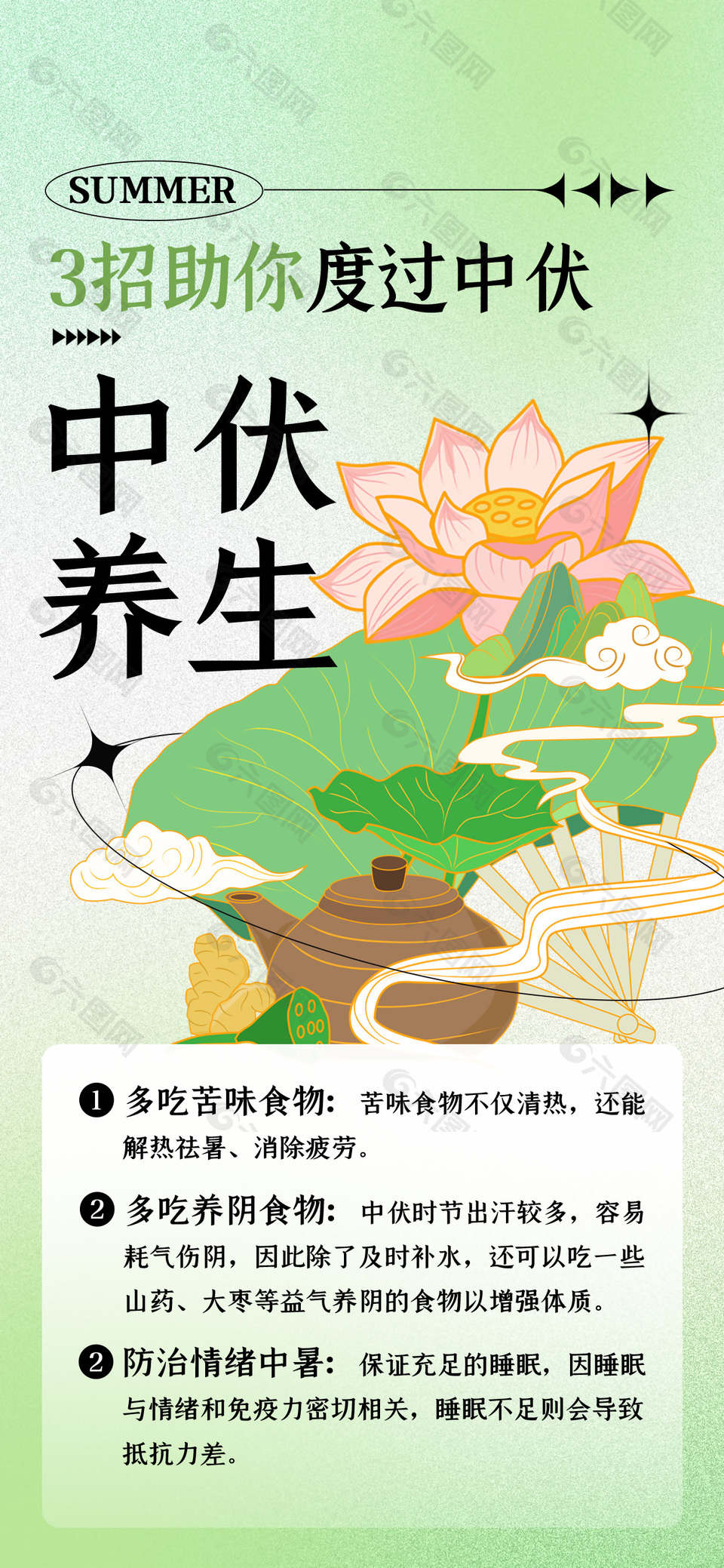 清新中國風(fēng)中伏養(yǎng)生長圖海報(bào)設(shè)計(jì)