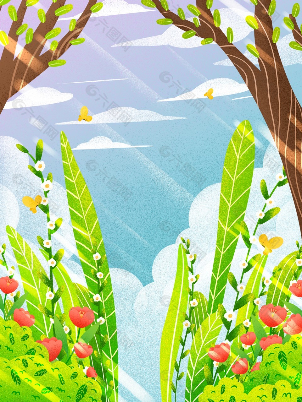 創意顆粒感綠植花叢插畫背景
