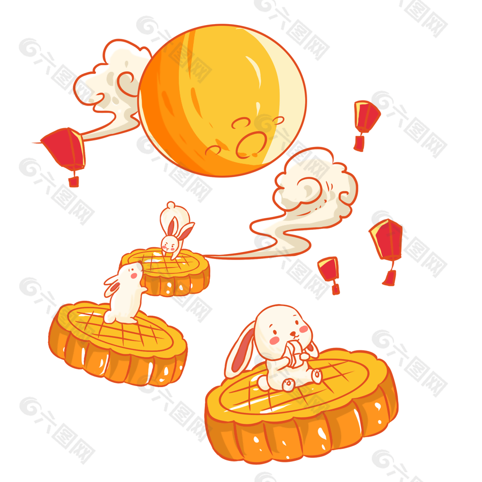 中式可愛卡通手繪玉兔月餅中秋節元素設計